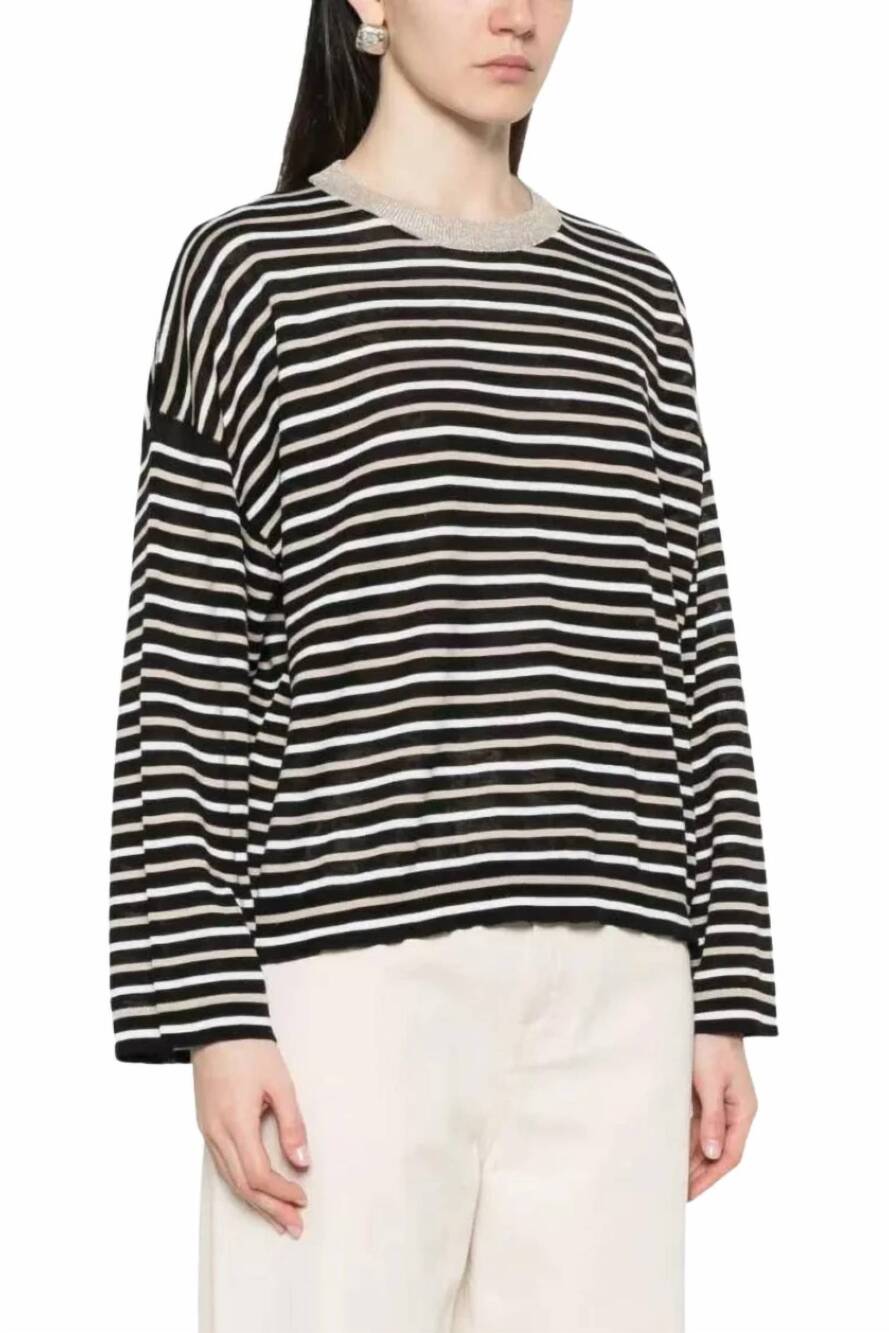 NEW BRUNELLO CUCINELLI striped crew neck sweater in black/white